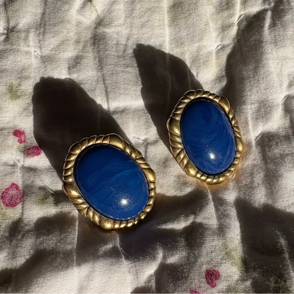 1928 vintage clip on earrings blue cabochon gold twisted rope art deco nautical - Picture 3 of 8